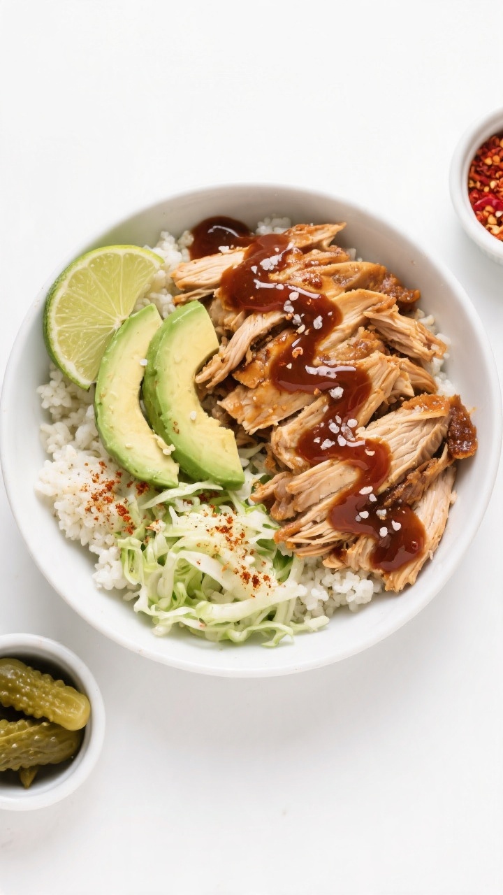 Tasty top view: Overhead shot of BBQ pulled chicken bowl—saucy shredded chicken over cauliflower r
