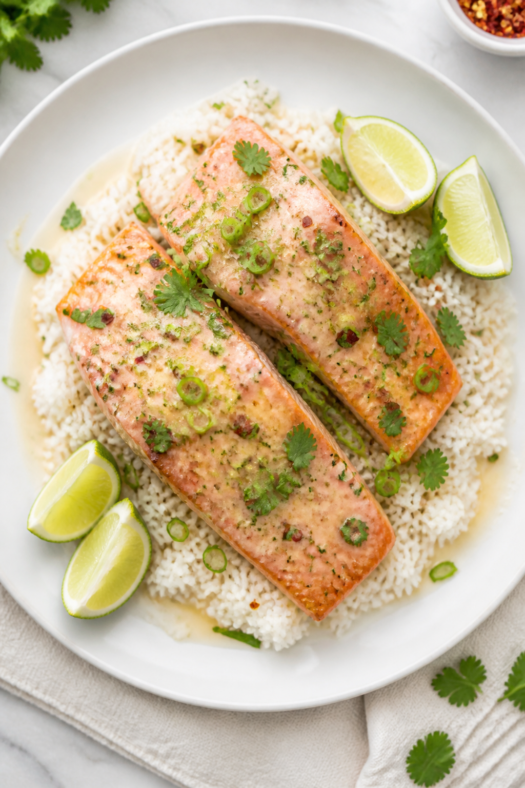 Tasty top view: Overhead shot of Coconut Lime Glazed Salmon served on fluffy jasmine rice, fillets l