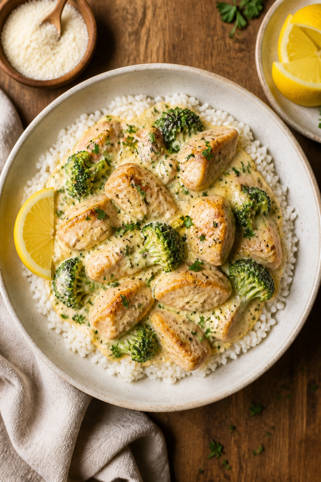 Tasty top view: Overhead shot of Cream Cheese Chicken & Broccoli Skillet plated over fluffy white ri