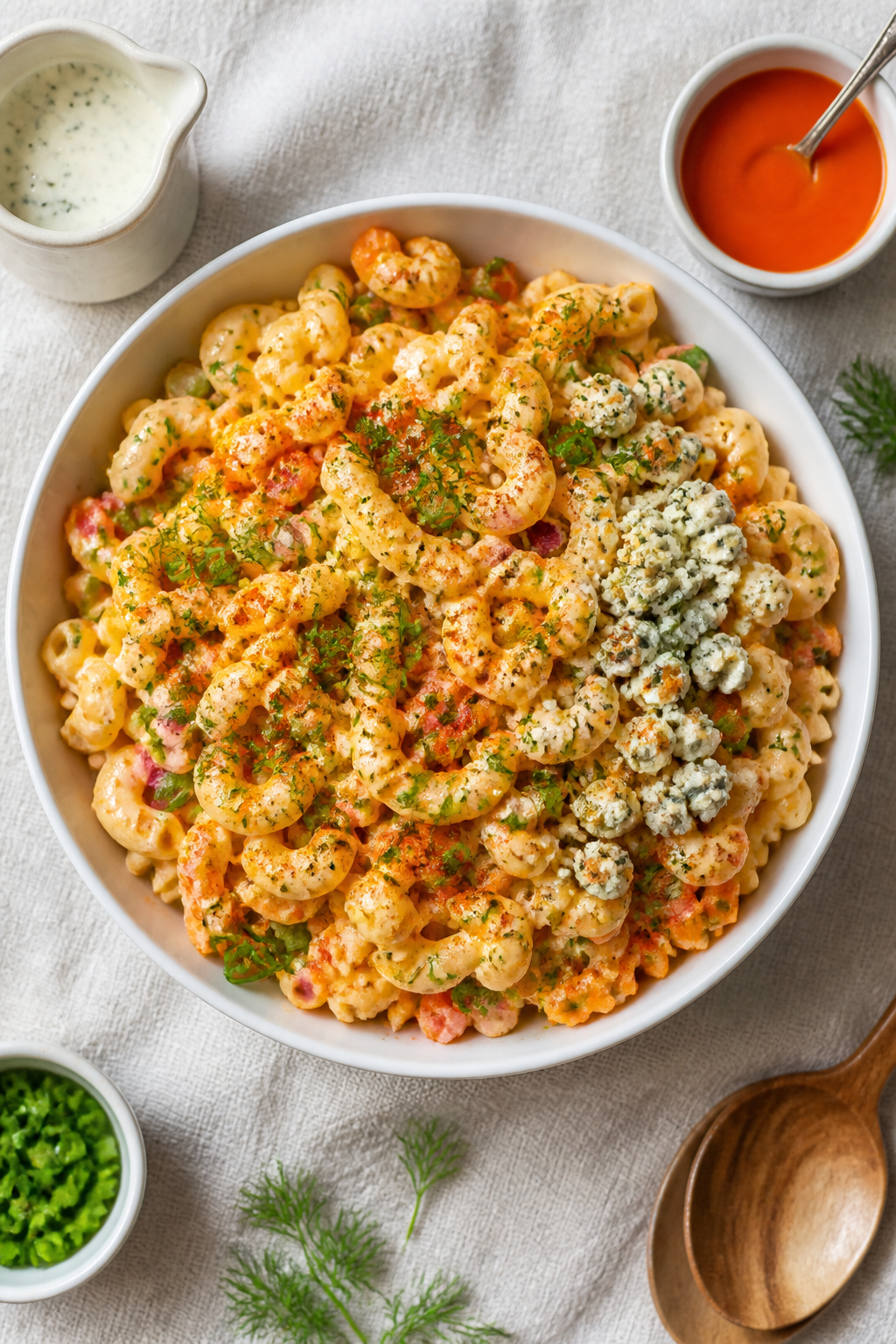 Tasty top view – Overhead shot of Creamy Buffalo Ranch Macaroni Salad in a wide, matte-white servi