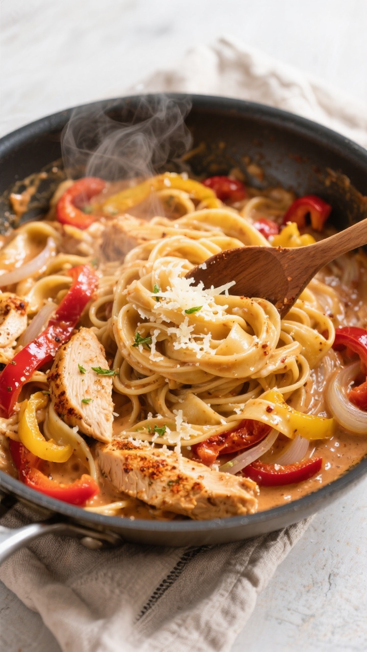 Tasty top view: Overhead shot of creamy Cajun chicken pasta in a wide sauté pan as it’s being bro