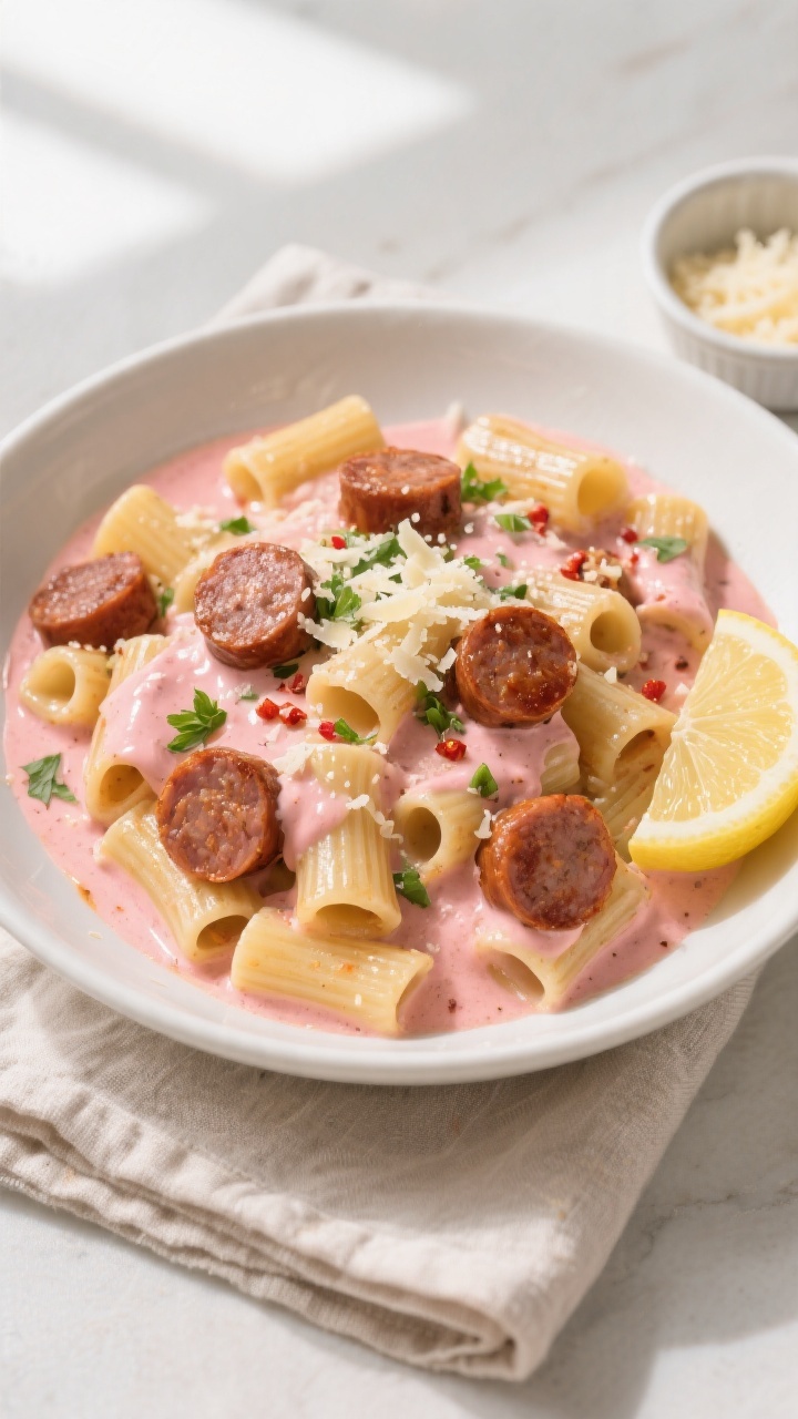 Tasty top view: Overhead shot of creamy Cajun sausage pasta (rigatoni) tossed in a velvety pink-ting