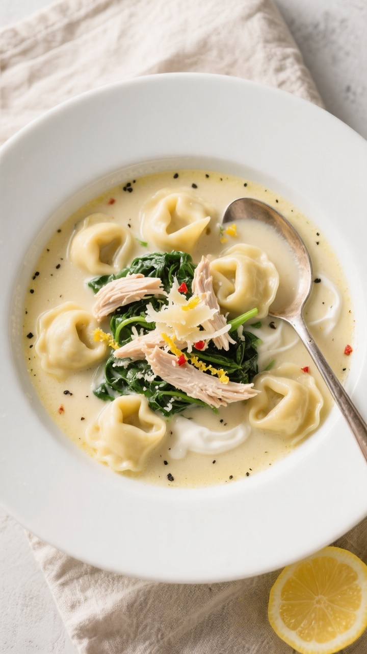 Tasty top view: Overhead shot of creamy chicken tortellini soup just finished—plump cheese tortell