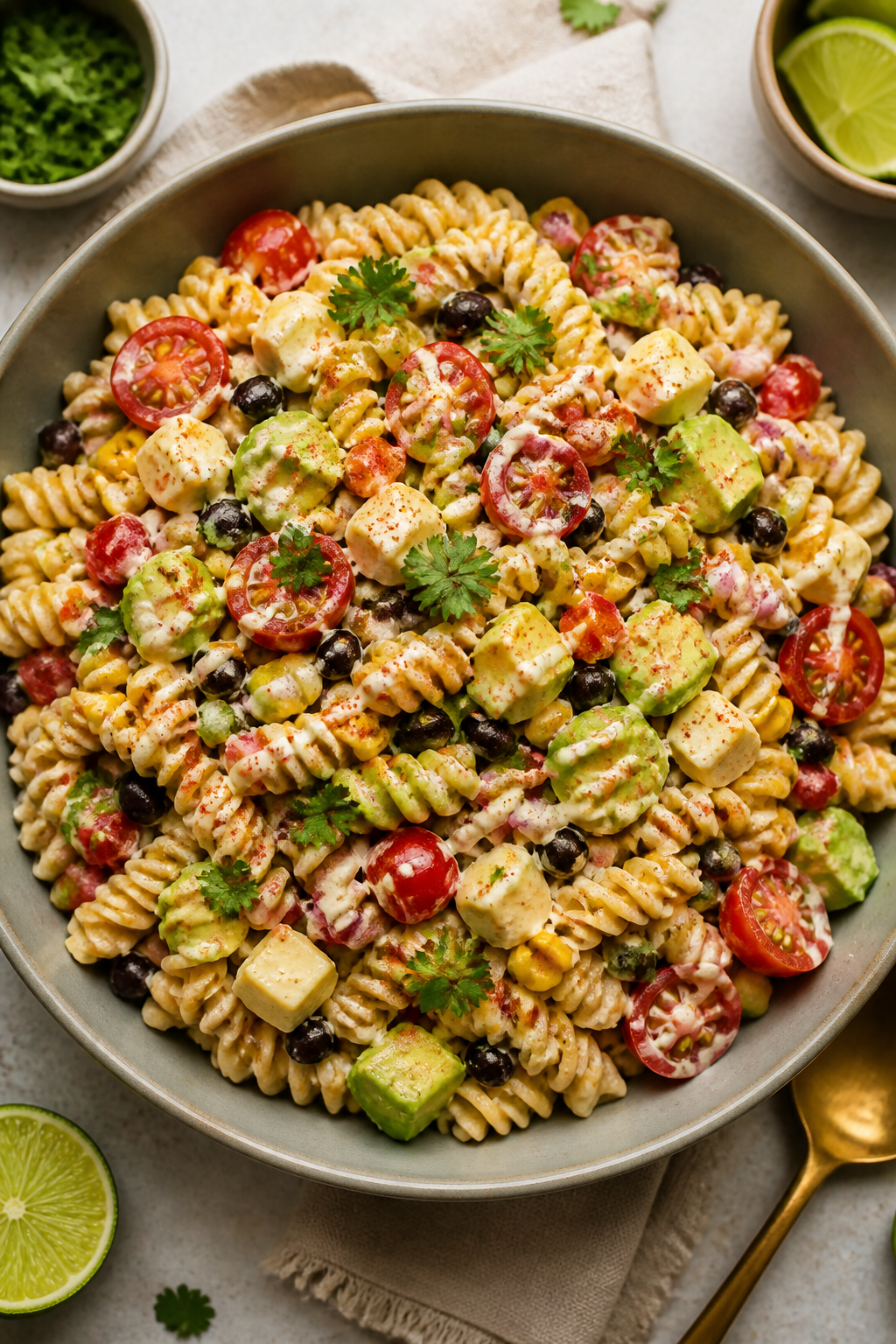 Tasty top view: Overhead shot of Creamy Southwest Ranch Pasta Salad in a large matte ceramic serving