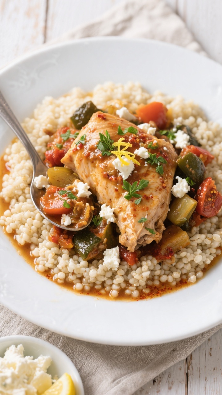 Tasty top view: Overhead shot of Crockpot Mediterranean Chicken served over fluffy pearl couscous on