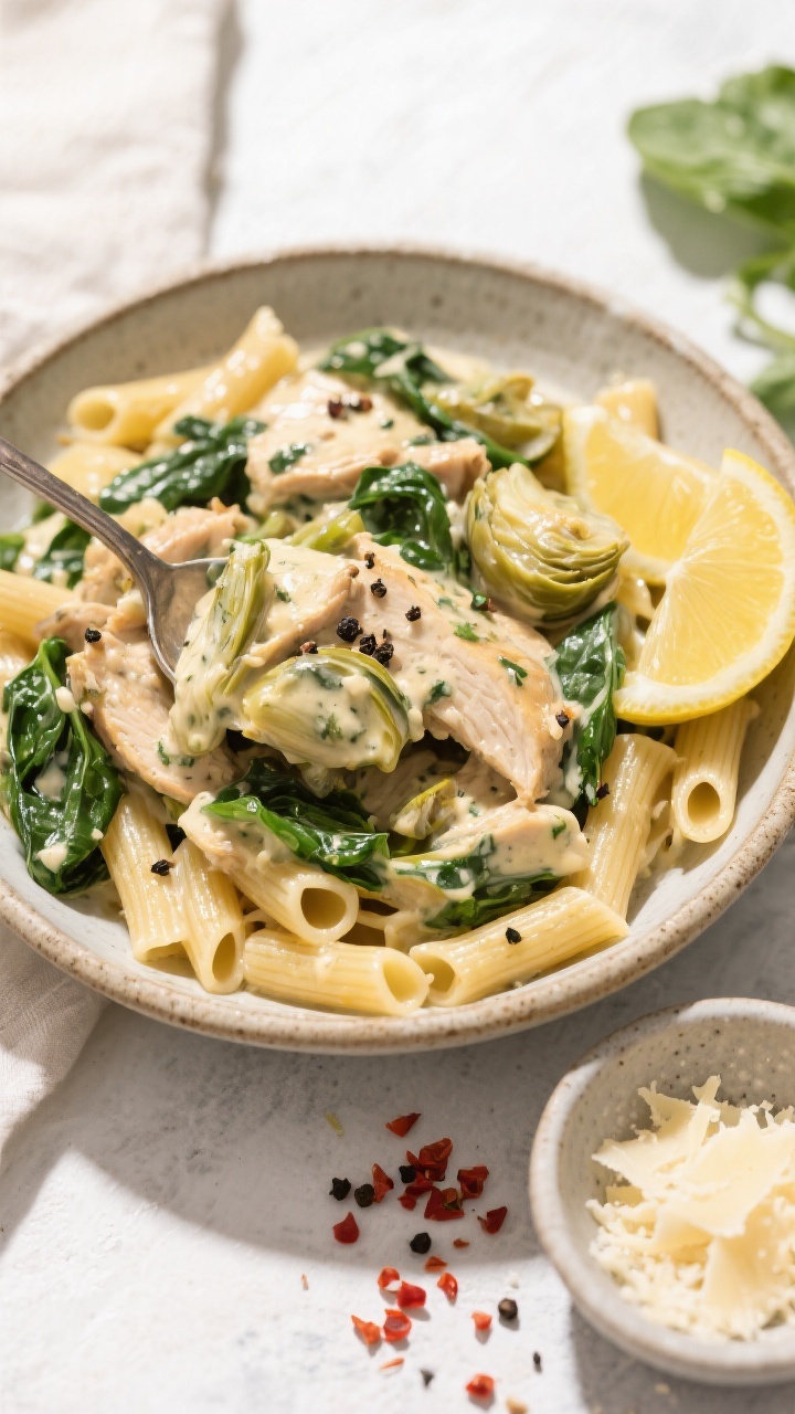Tasty top view: Overhead shot of crockpot spinach artichoke chicken spooned over al dente short past