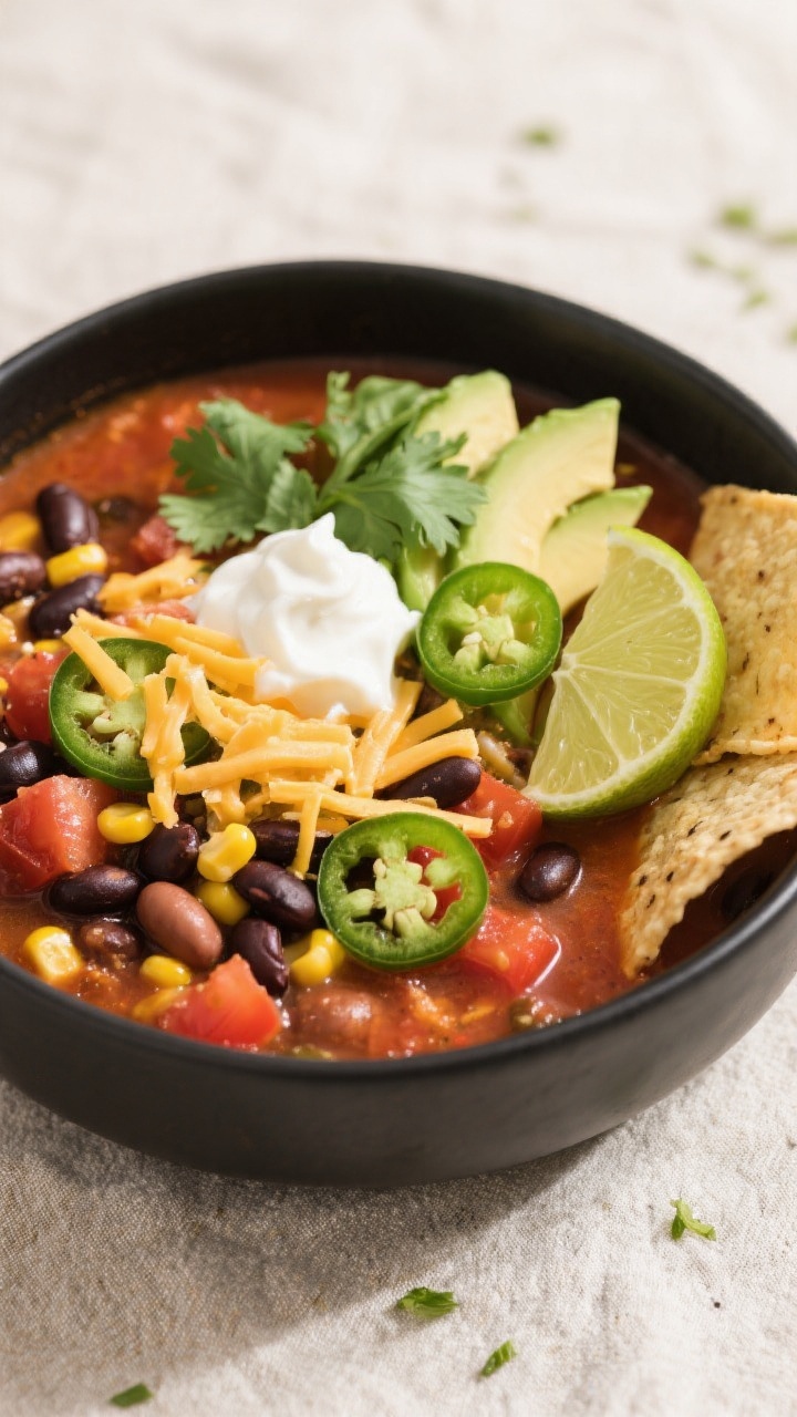 Tasty top view: Overhead shot of Easy Taco Soup in a wide, matte black bowl, showing a colorful mosa