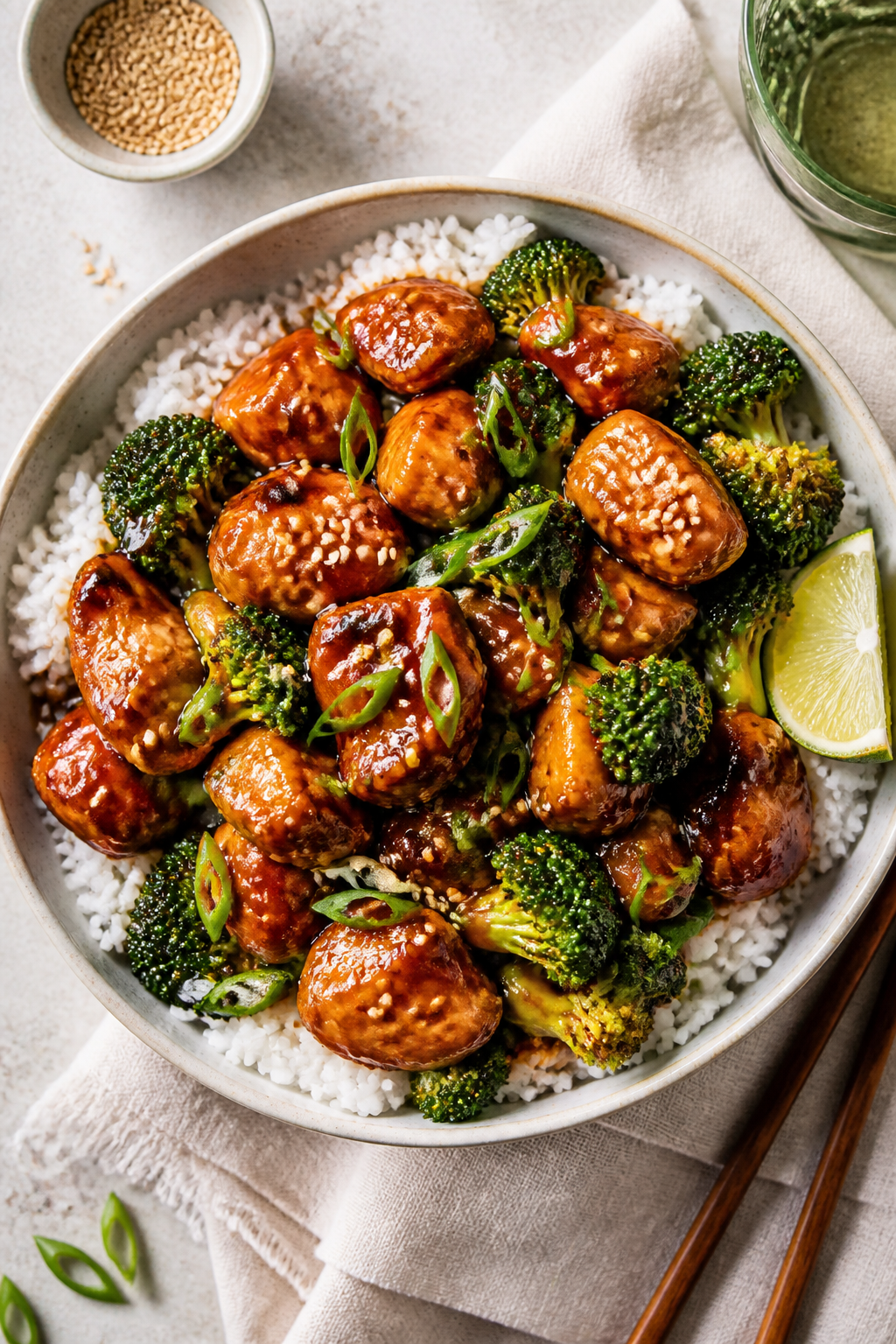 Tasty top view: Overhead shot of Easy Teriyaki Chicken & Broccoli served over fluffy white rice in a