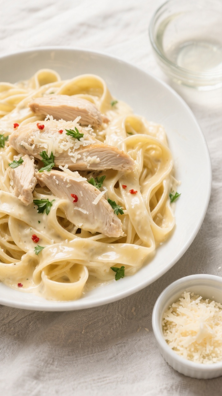 Tasty top view: Overhead shot of fettuccine Alfredo with slow-cooker chicken tossed to a creamy, vel