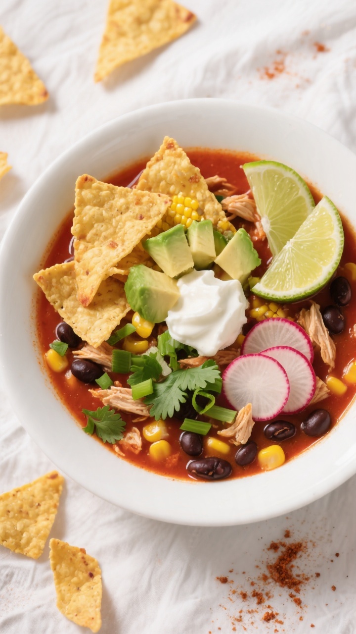 Tasty top view: Overhead shot of final Healthy Slow Cooker Chicken Tortilla Soup ladled into a wide 