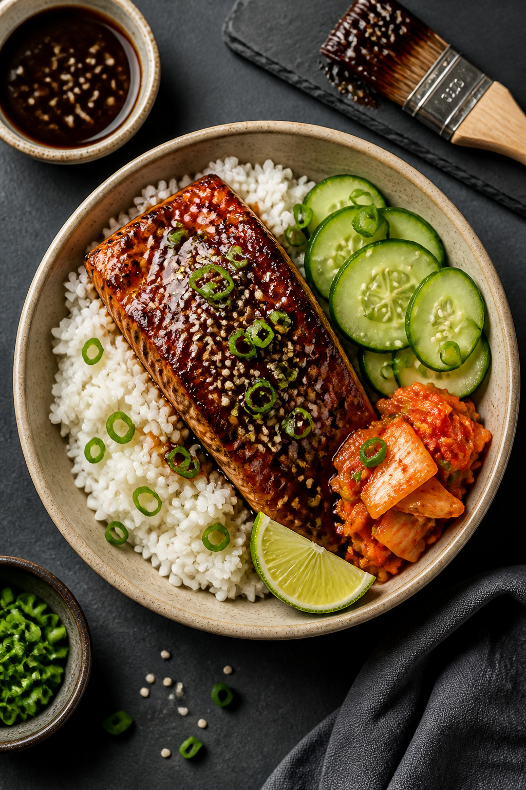 Tasty top view: Overhead shot of final plated Korean BBQ glazed salmon bowl—salmon fillet over ste