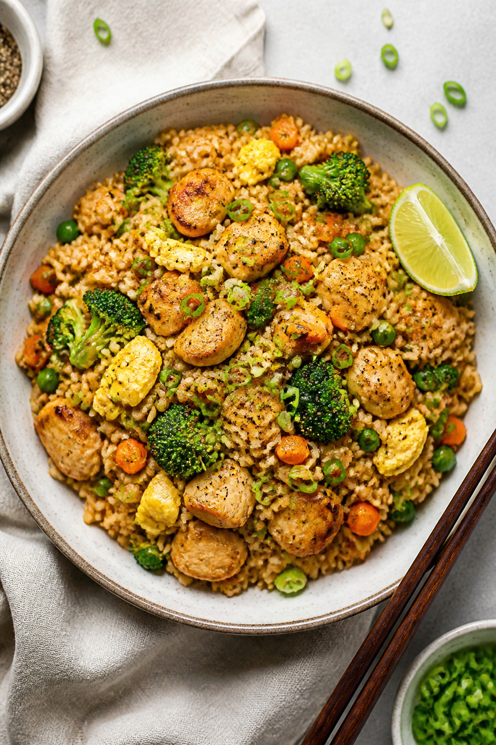 Tasty top view: Overhead shot of finished Chicken Broccoli Fried Rice in a wide, shallow ceramic bow
