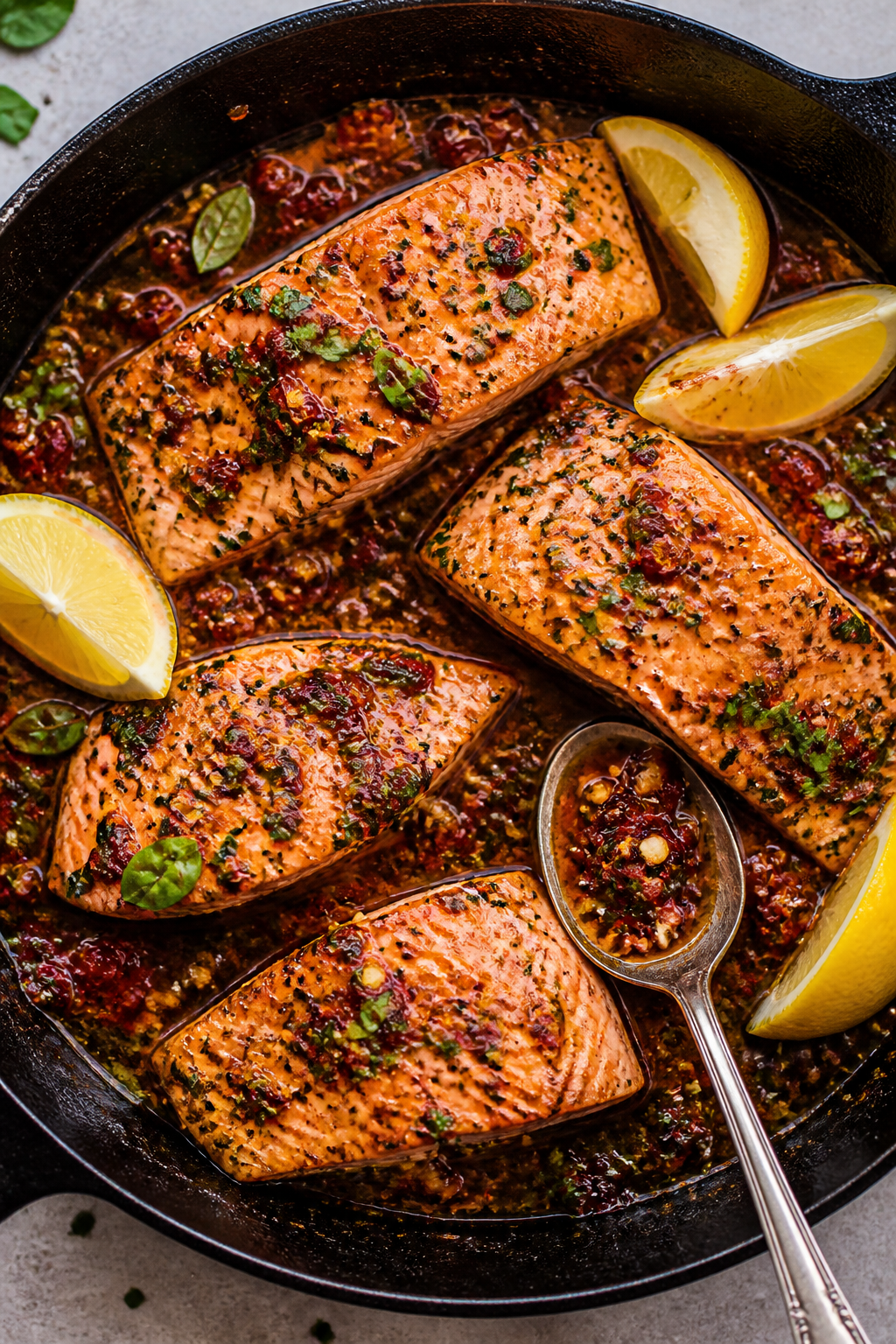Tasty top view: Overhead shot of finished Tuscan Glazed Salmon in the skillet, four fillets nestled 