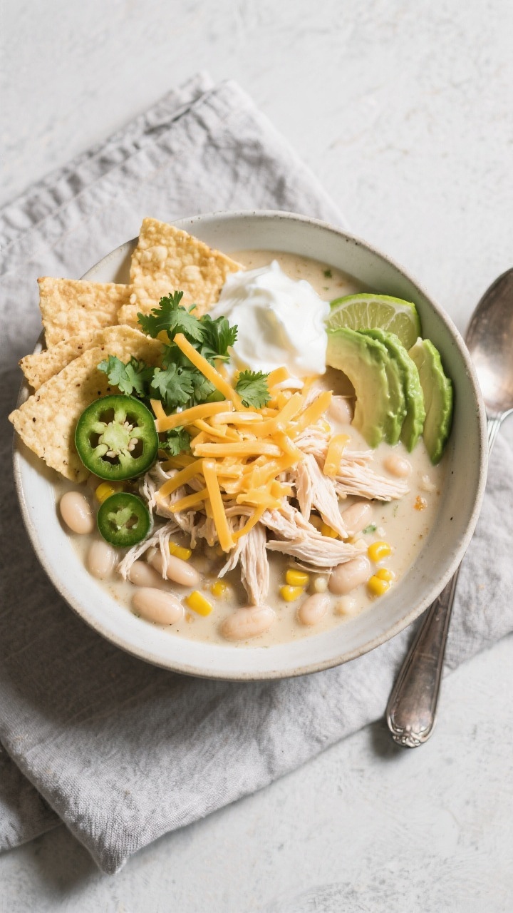 Tasty top view: Overhead shot of finished white bean chicken chili in a wide, shallow bowl; creamy o