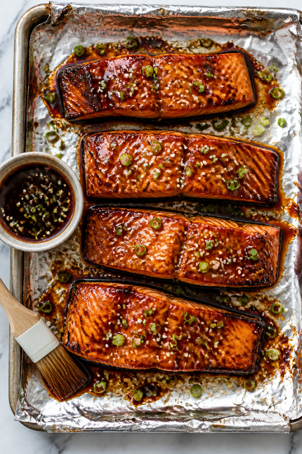 Tasty top view: Overhead shot of four broiled teriyaki salmon fillets on a foil-lined sheet pan, eac