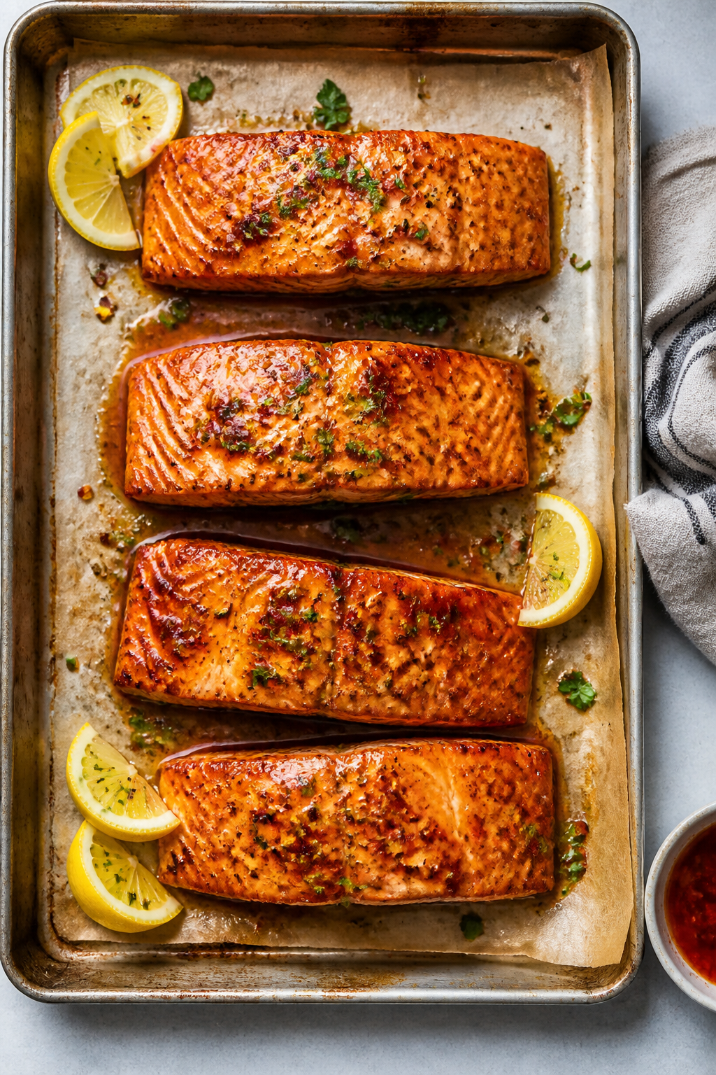 Tasty top view: Overhead shot of four glazed salmon fillets on a parchment-lined sheet pan, sticky h