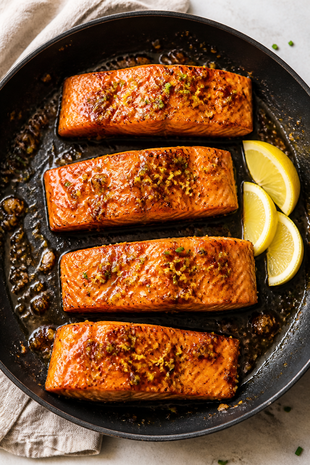 Tasty top view: Overhead shot of four glazed salmon fillets resting in the skillet, coated in a shin