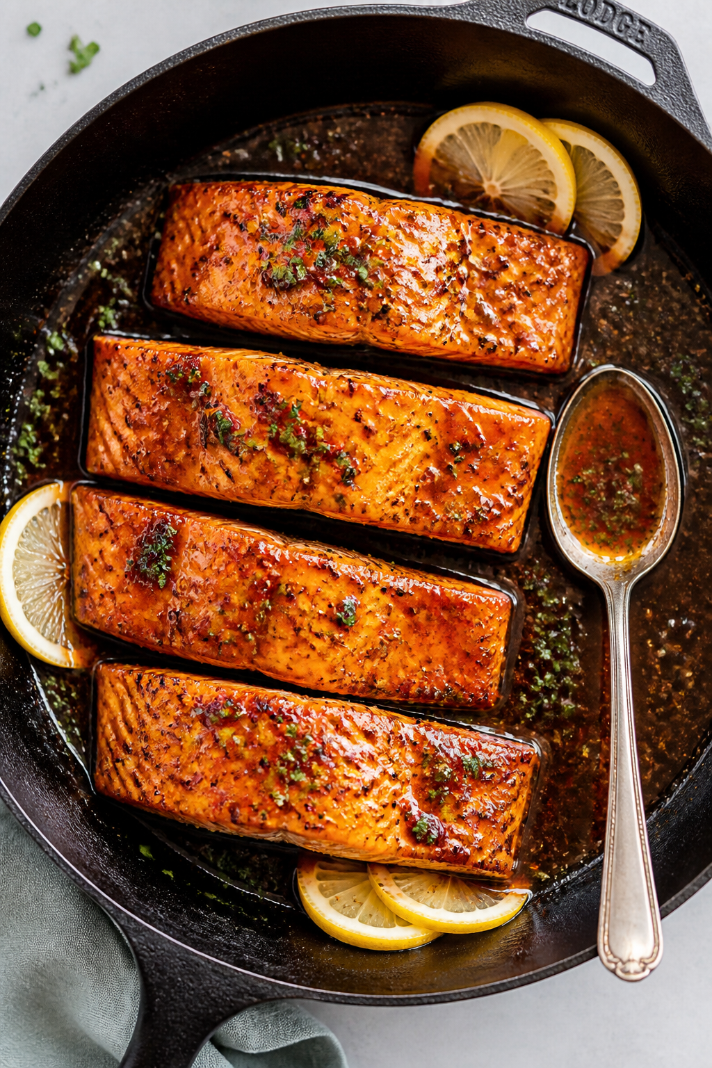 Tasty top view: Overhead shot of four glazed salmon fillets nestled in the skillet, sauce reduced to