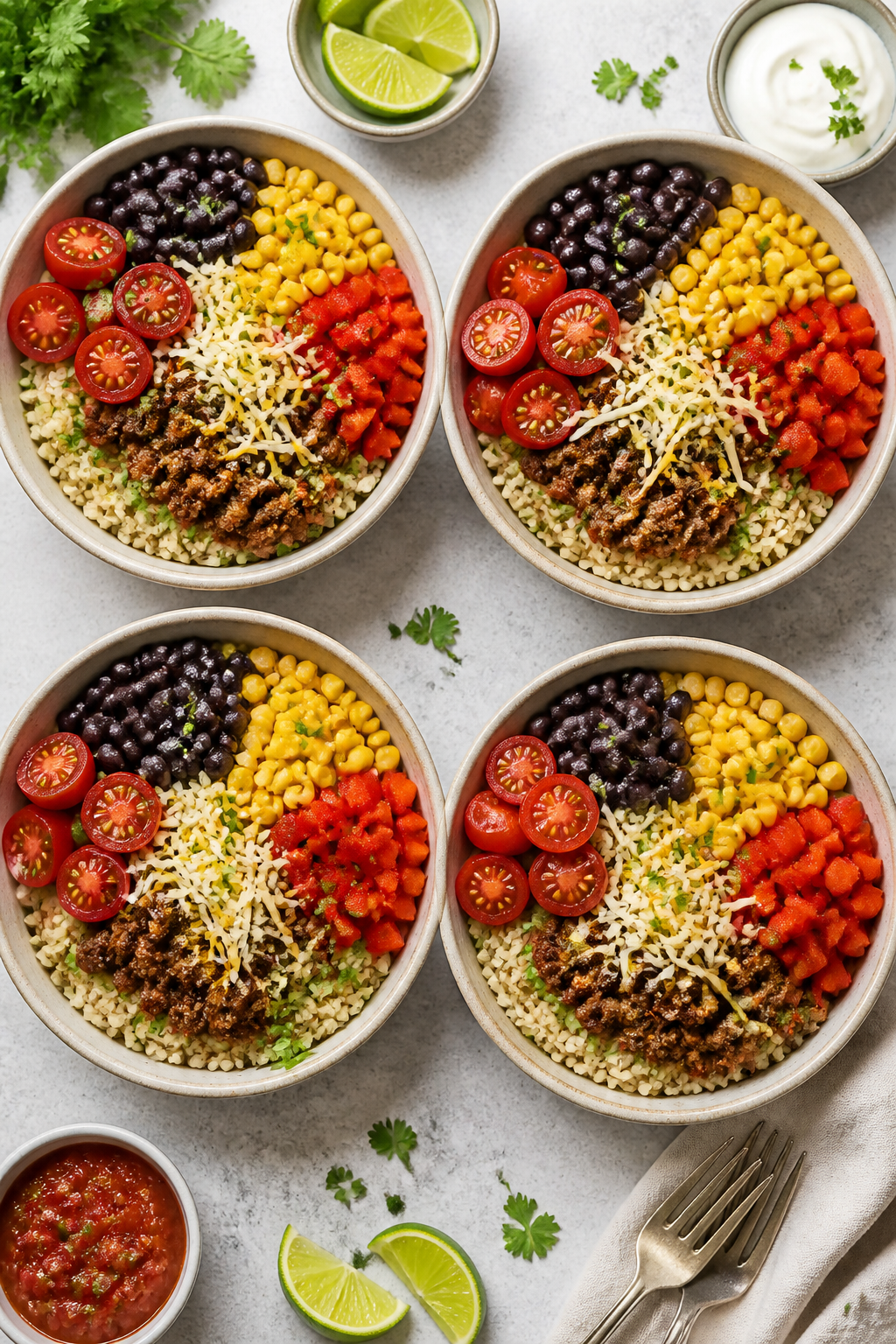 Tasty top view – Overhead shot of four meal prep bowls neatly arranged on a light stone surface: l