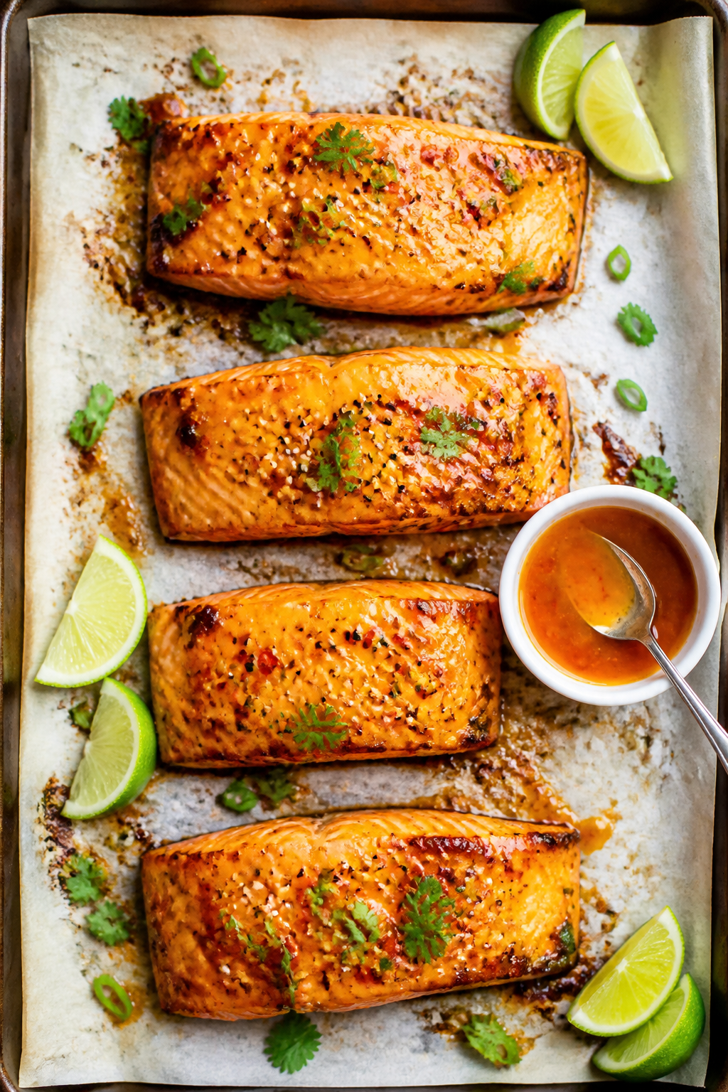 Tasty top view: Overhead shot of four roasted salmon fillets brushed with extra mango-chili glaze, a