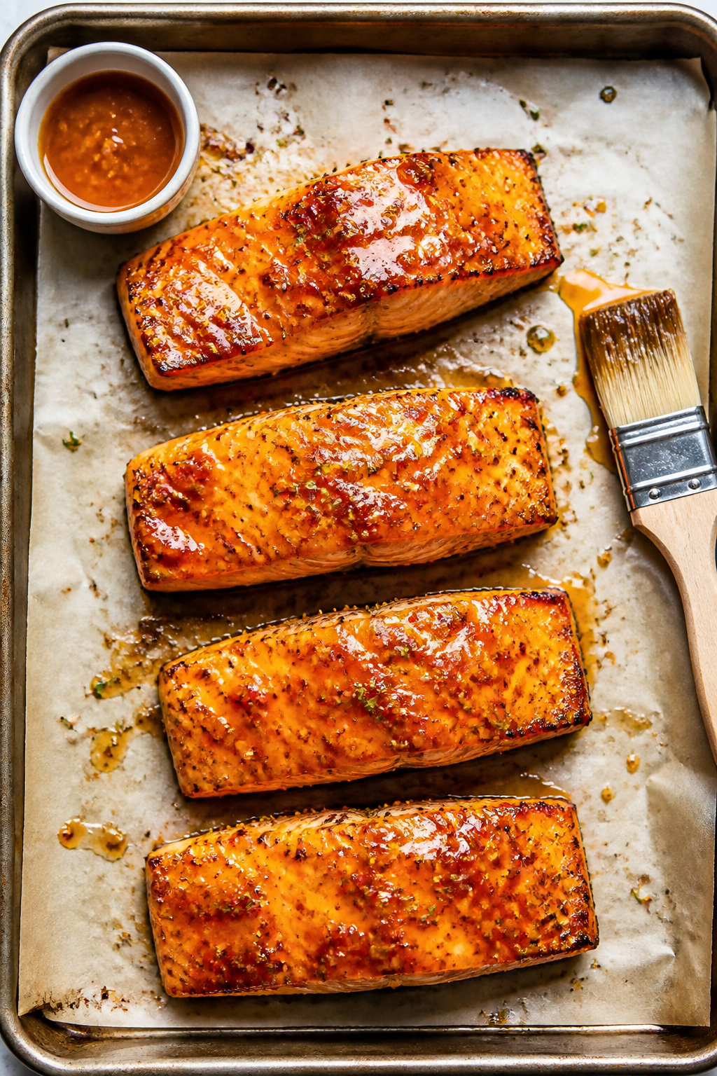 Tasty top view: Overhead shot of four salmon fillets on a parchment-lined sheet pan just out of the 
