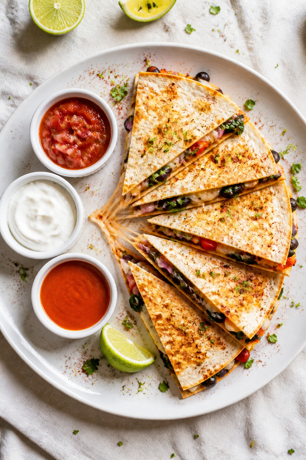 Tasty top view: Overhead shot of freshly sliced chicken quesadilla wedges arranged in a fan on a mat