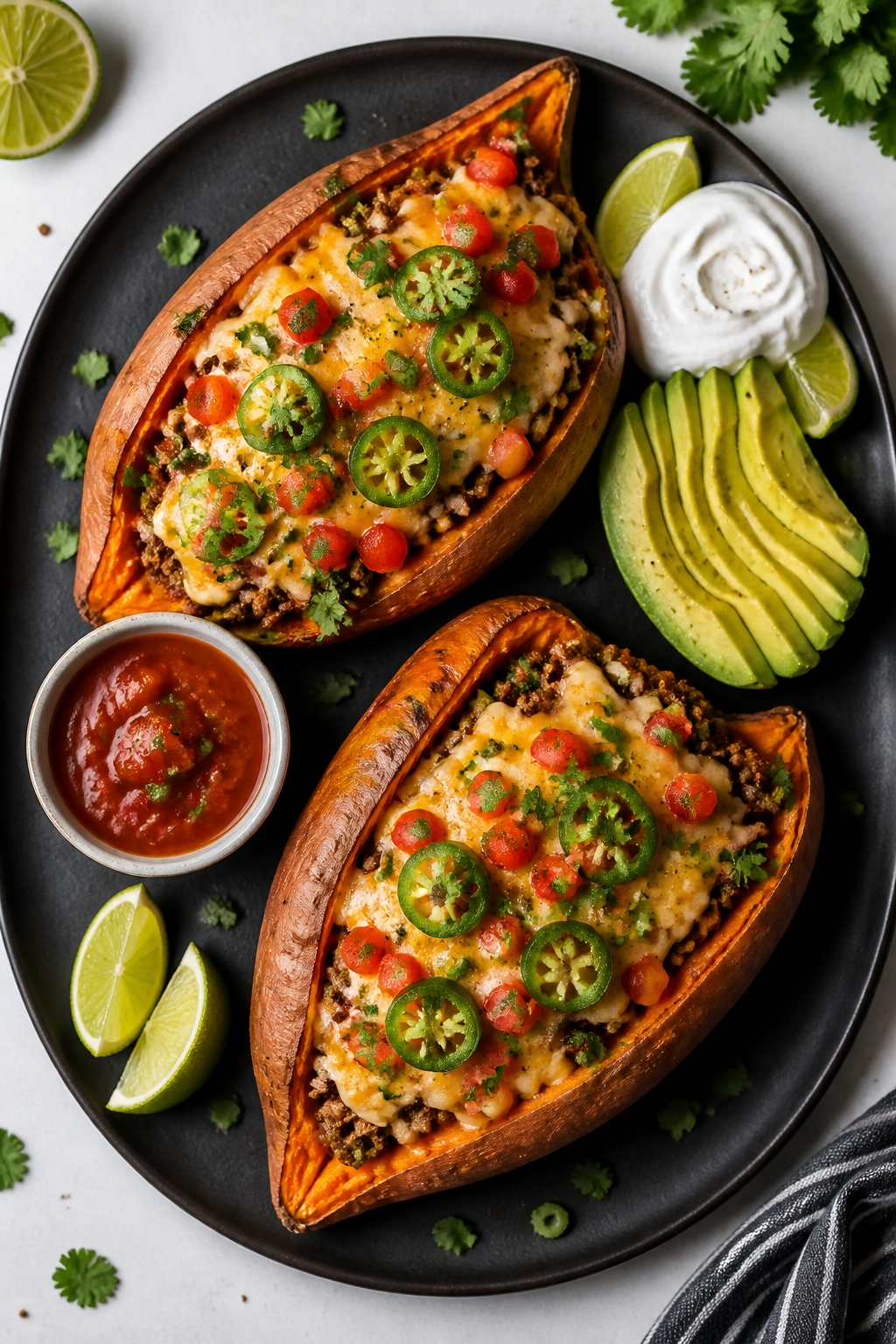 Tasty top view: Overhead shot of fully assembled Cheesy Taco Stuffed Sweet Potatoes on a matte charc