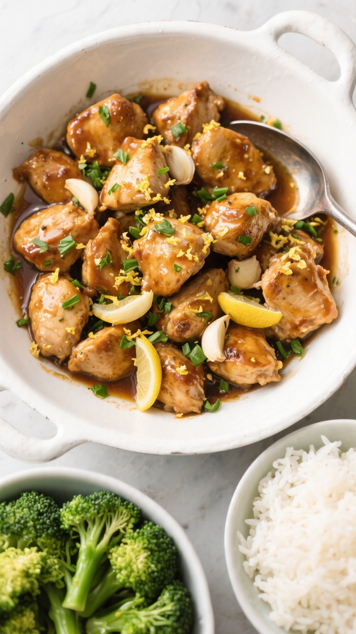 Tasty top view: Overhead shot of garlic butter chicken bites tossed in glossy sauce, sprinkled with 