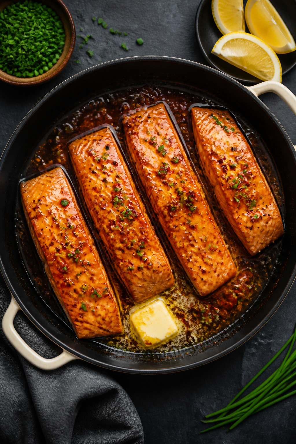 Tasty top view: Overhead shot of glazed salmon fillets in the skillet just out of the oven, extra gl
