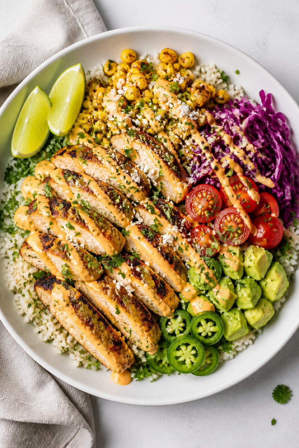 Tasty top view: Overhead shot of Grilled Chicken Street Taco Bowl assembled on a matte white bowl—