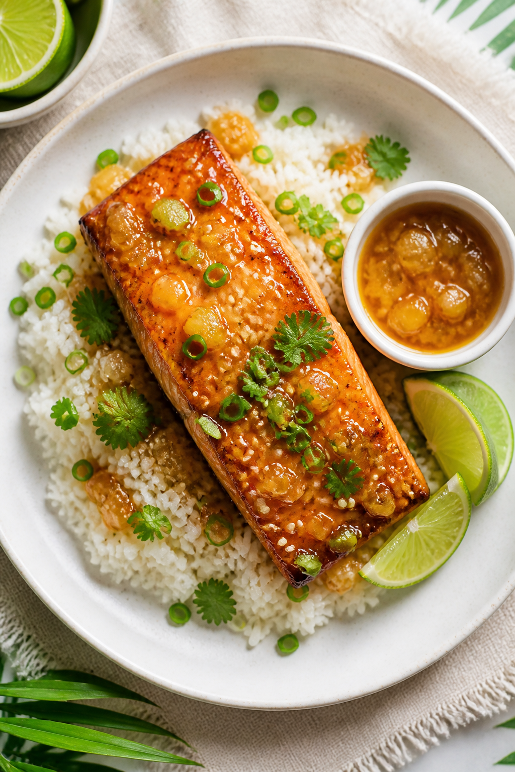Tasty top view: Overhead shot of Hawaiian Pineapple Glazed Salmon plated over fluffy jasmine or coco