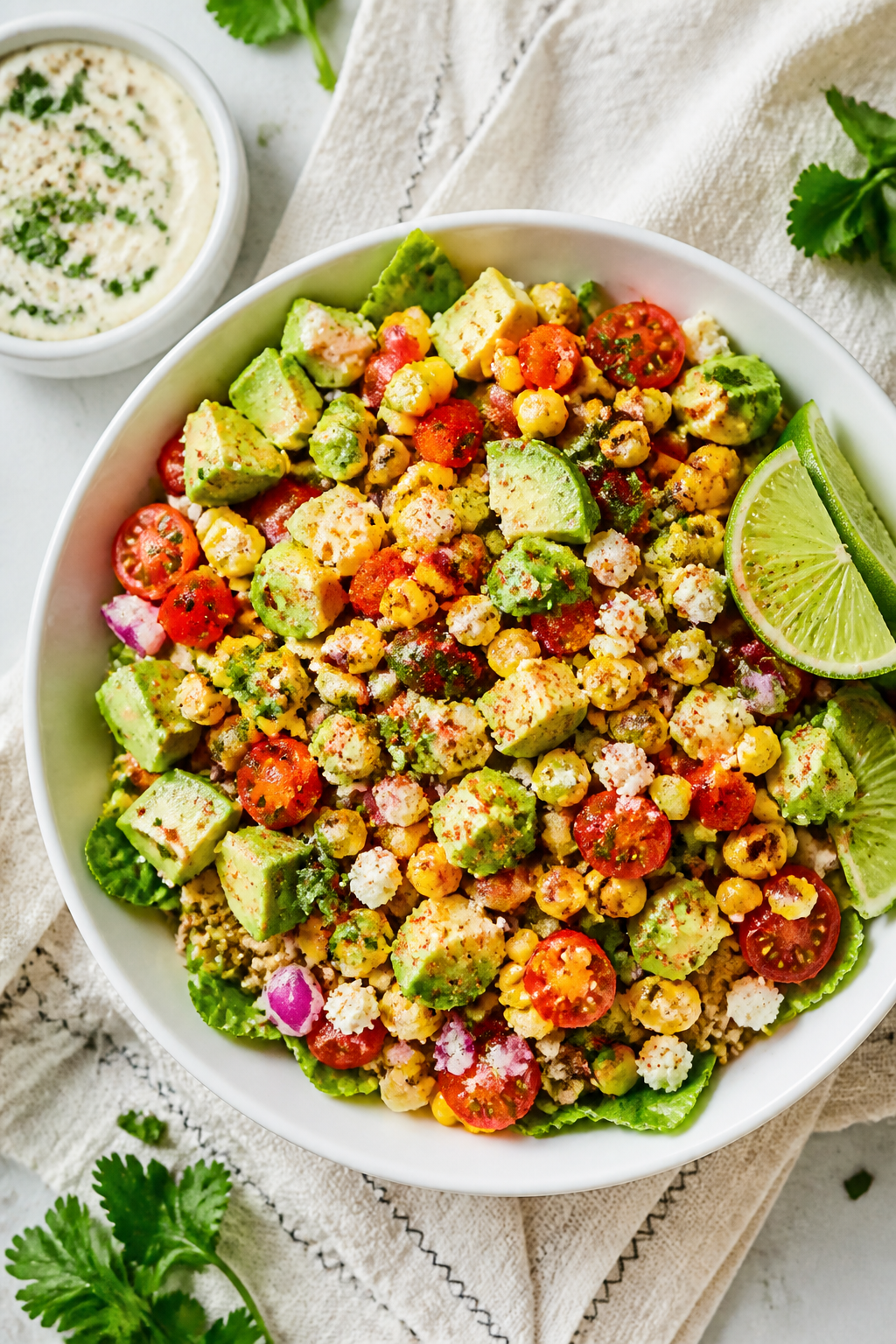 Tasty top view: Overhead shot of Healthy Mexican Corn Salad Bowls assembled on quinoa and chopped ro