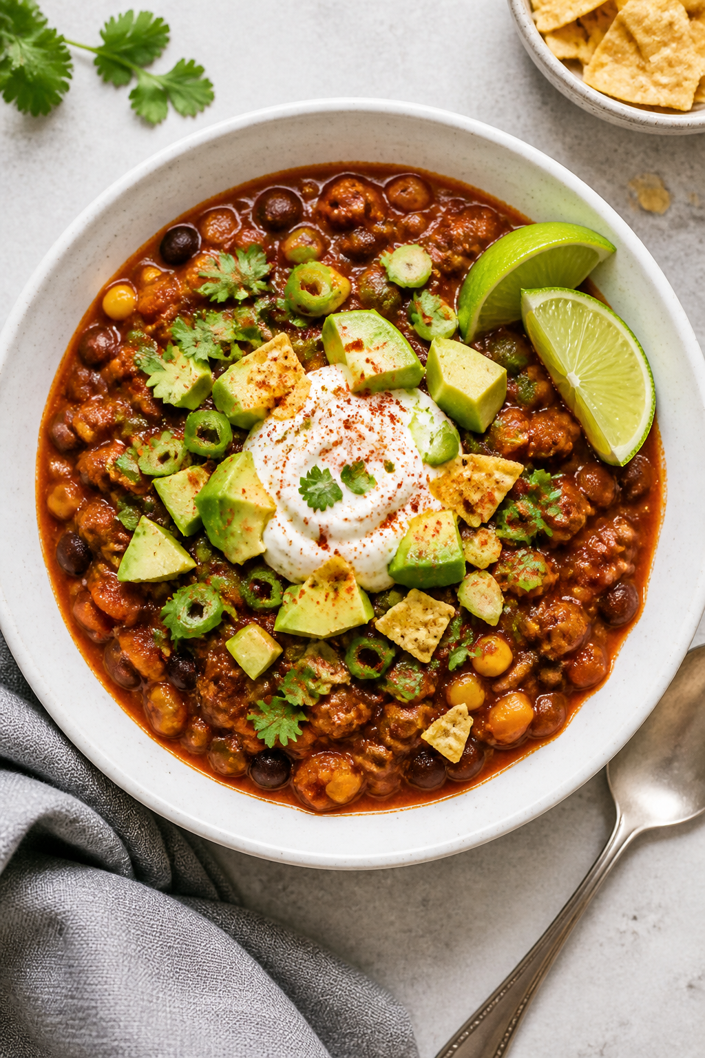 Tasty top view: Overhead shot of Healthy Mexican Turkey Chili in a wide, white shallow bowl, thick a