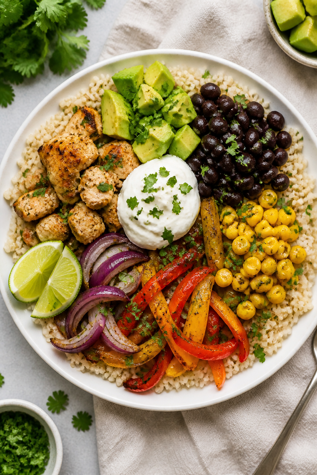 Tasty top view: Overhead shot of Healthy Sheet Pan Taco Bowls assembled—base of fluffy brown rice 