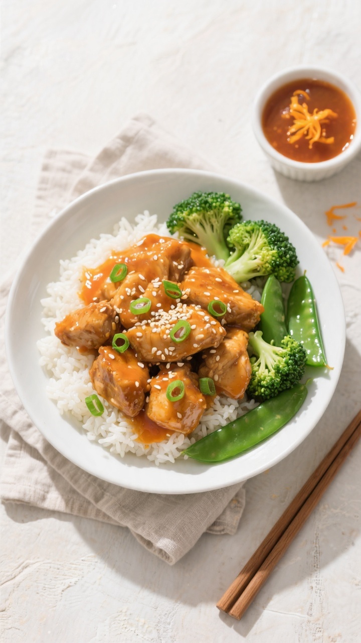 Tasty top view: Overhead shot of Healthy Slow Cooker Orange Chicken served family-style in a wide wh