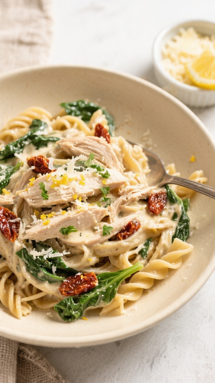 Tasty top view: Overhead shot of Healthy Slow Cooker Tuscan Chicken spooned over al dente whole-grai