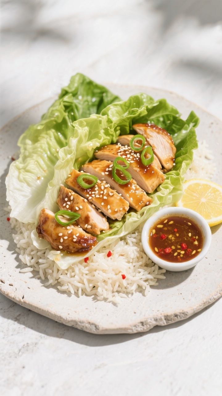 Tasty top view: Overhead shot of honey garlic chicken tucked into crisp butter lettuce wraps on a li