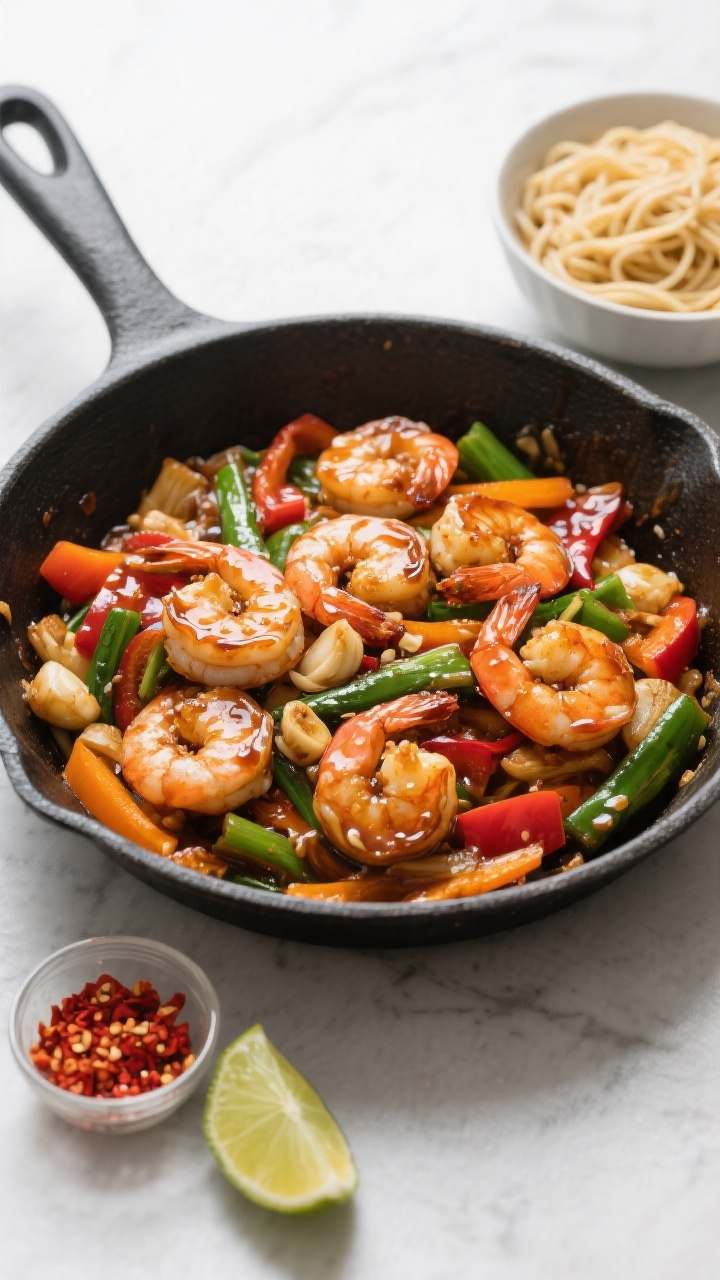 Tasty top-view: Overhead shot of Honey Garlic Shrimp Stir Fry served family-style in a large skillet