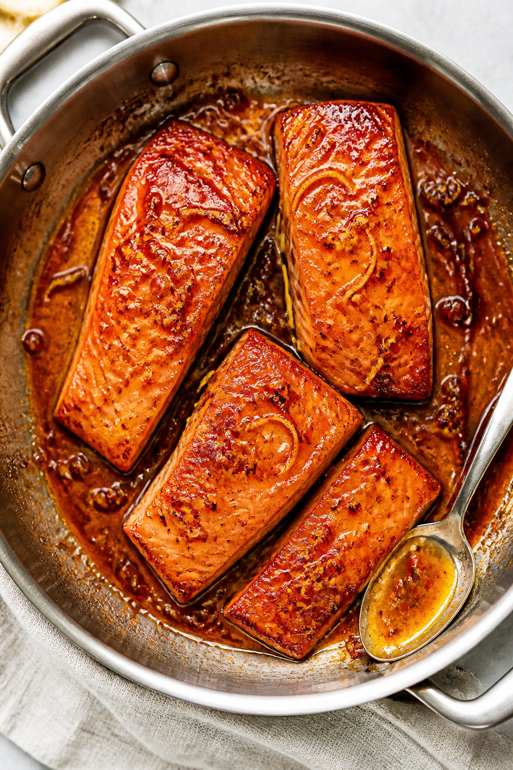 Tasty top view: Overhead shot of Lemon Honey Glazed Salmon just after basting, four fillets nestled