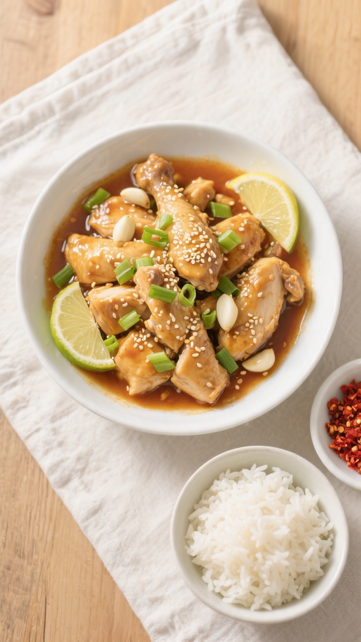 Tasty top view: Overhead shot of light honey garlic chicken served family-style in a wide, shallow w