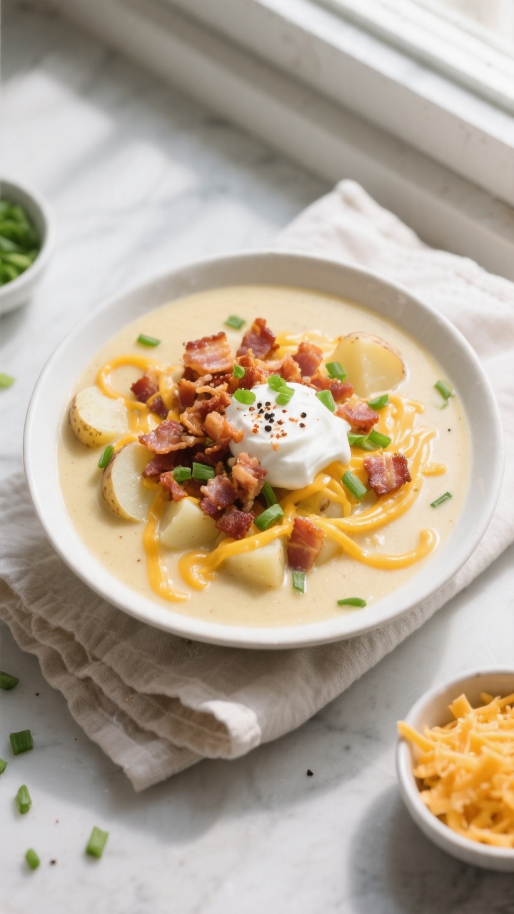 Tasty top view — Overhead shot of loaded baked potato soup in a wide white bowl: creamy, pale-gold
