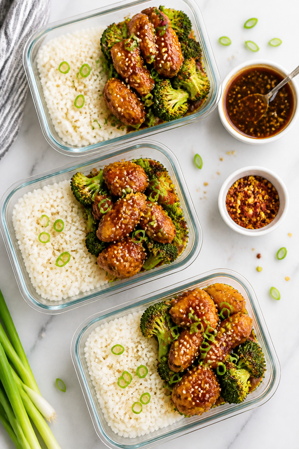 Tasty top view: Overhead shot of meal-prep style portions—three open containers with rice on one s