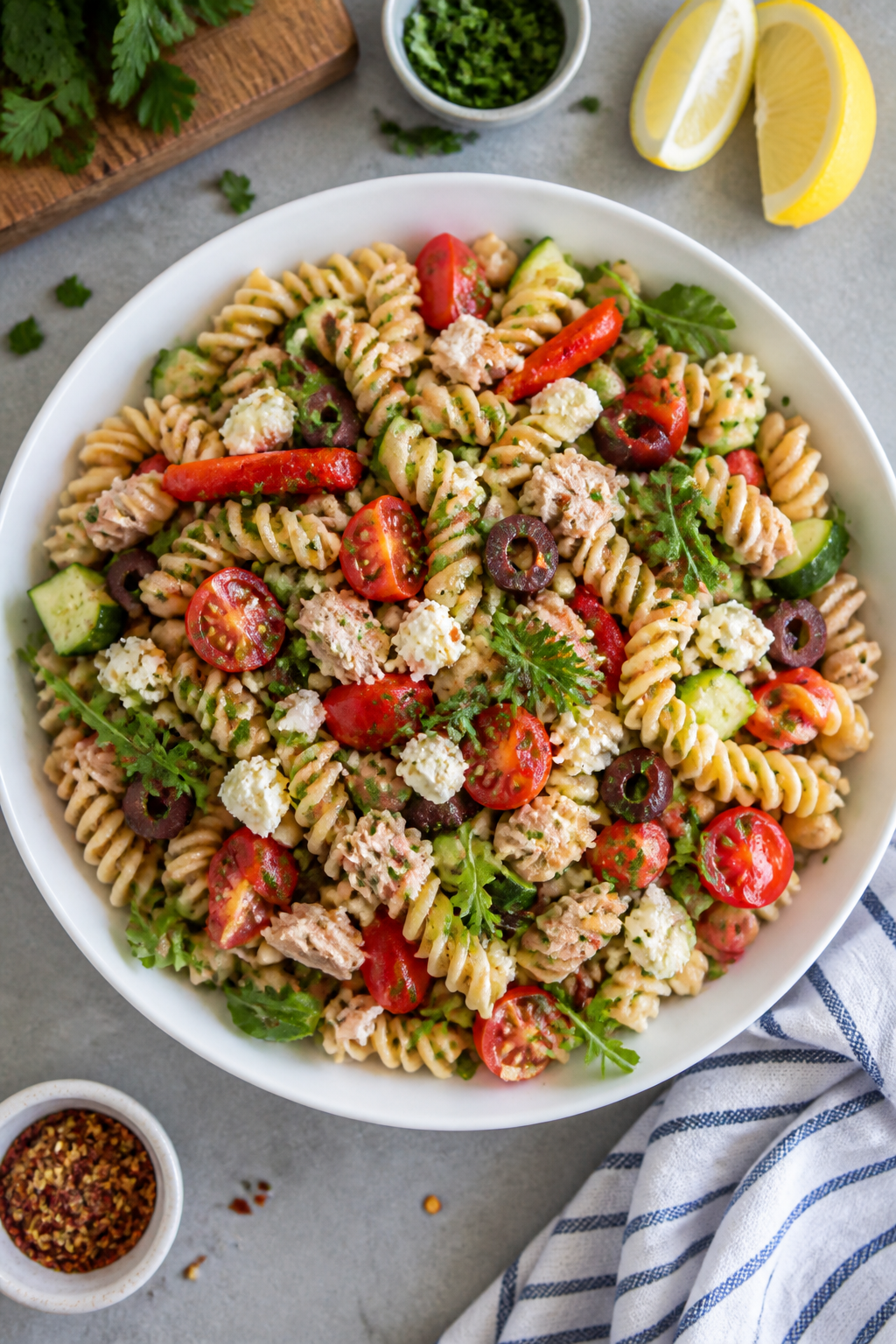 Tasty top view: Overhead shot of Mediterranean tuna protein pasta salad in a wide white bowl—rotin