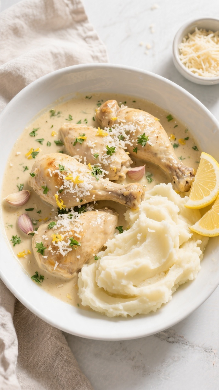Tasty top view: Overhead shot of Million Dollar Creamy Garlic Chicken plated family-style in a wide,