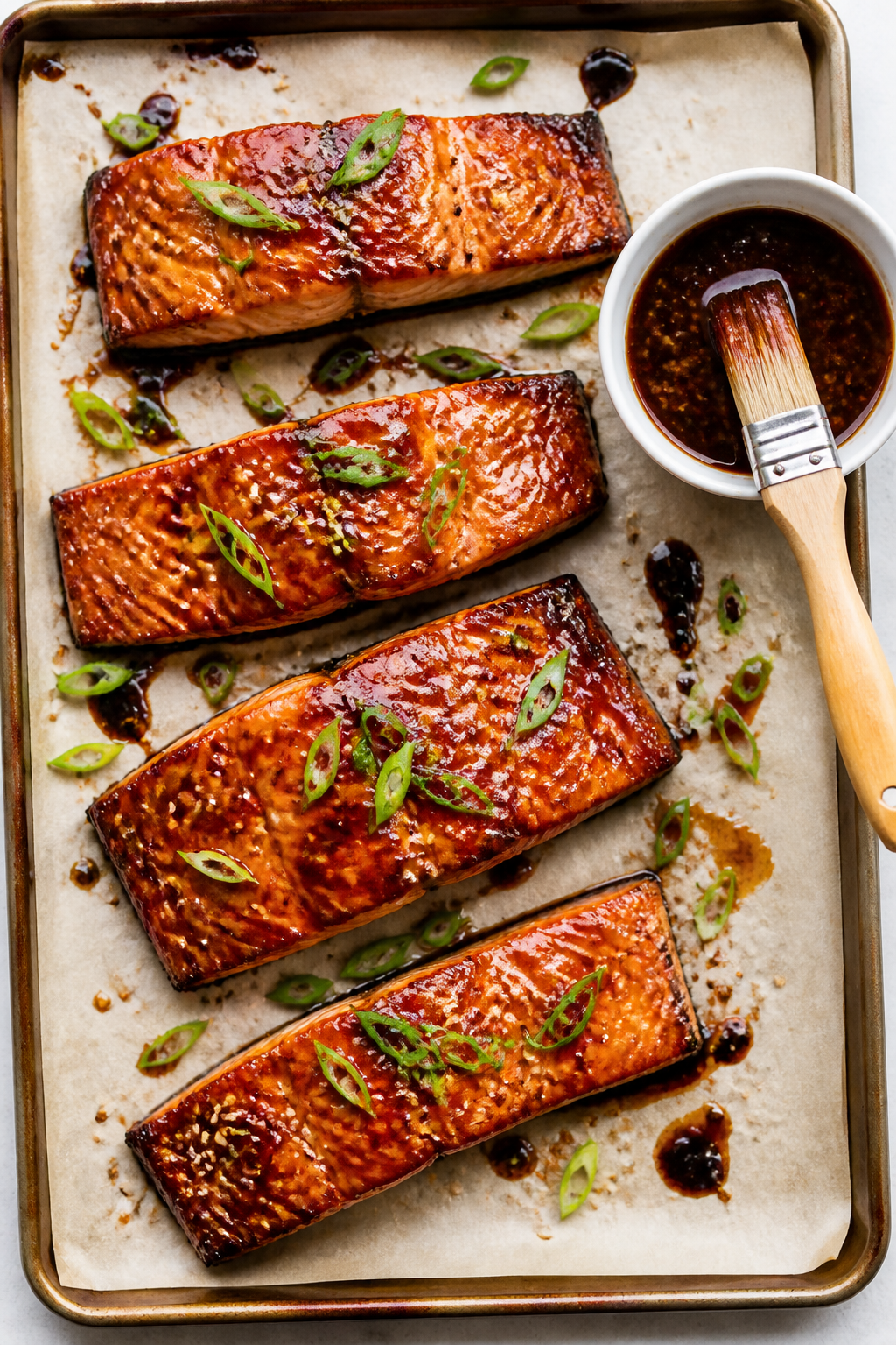 Tasty top view: Overhead shot of multiple Sticky Bourbon Salmon fillets on a sheet pan just after gl