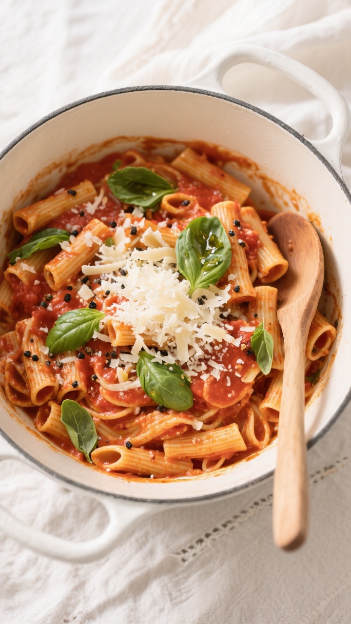 Tasty top view: Overhead shot of One-Pot Creamy Tomato Basil Pasta just finished, sauce velvety and 
