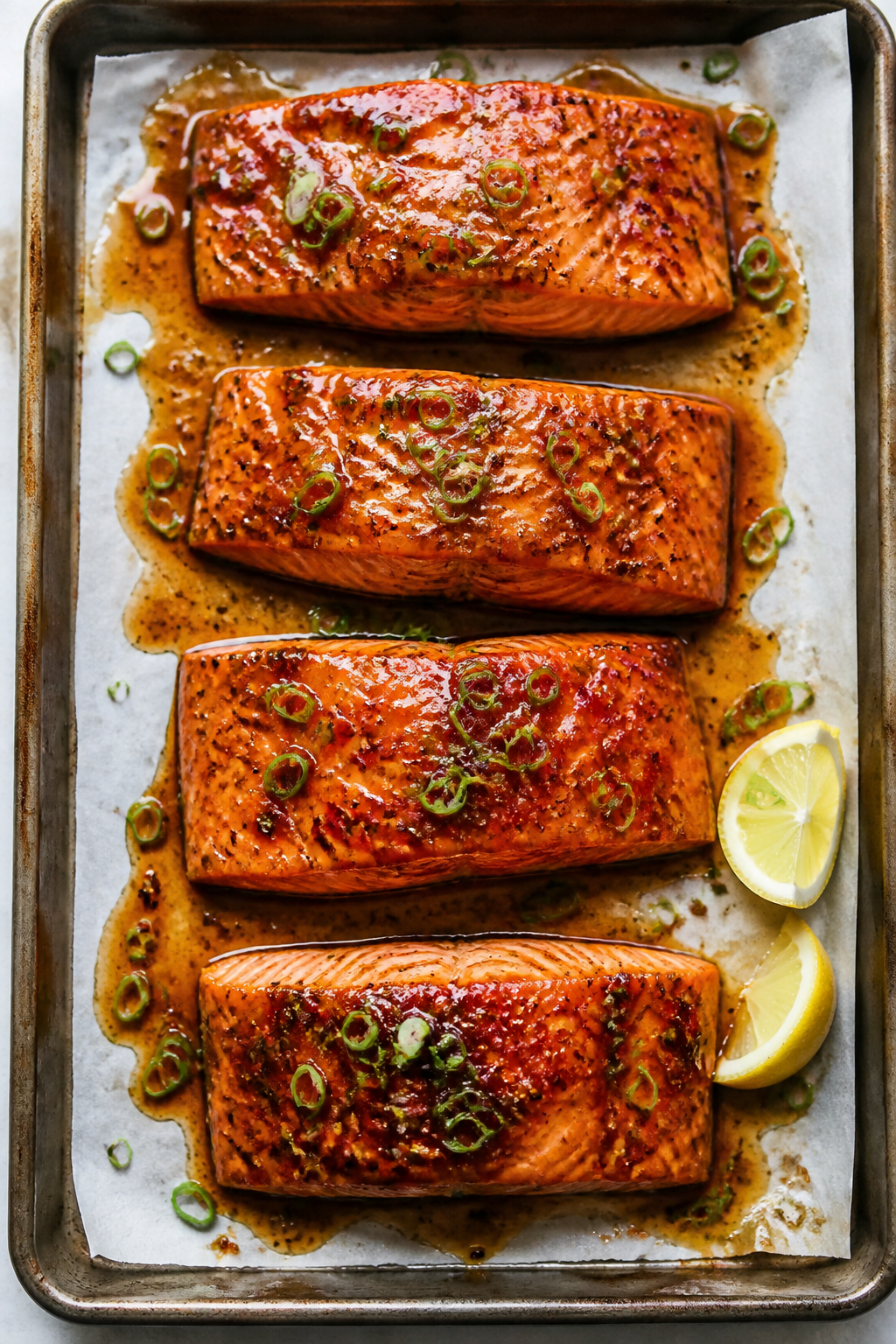 Tasty top view: Overhead shot of Peach Bourbon Glazed Salmon just after glazing and resting, four fi