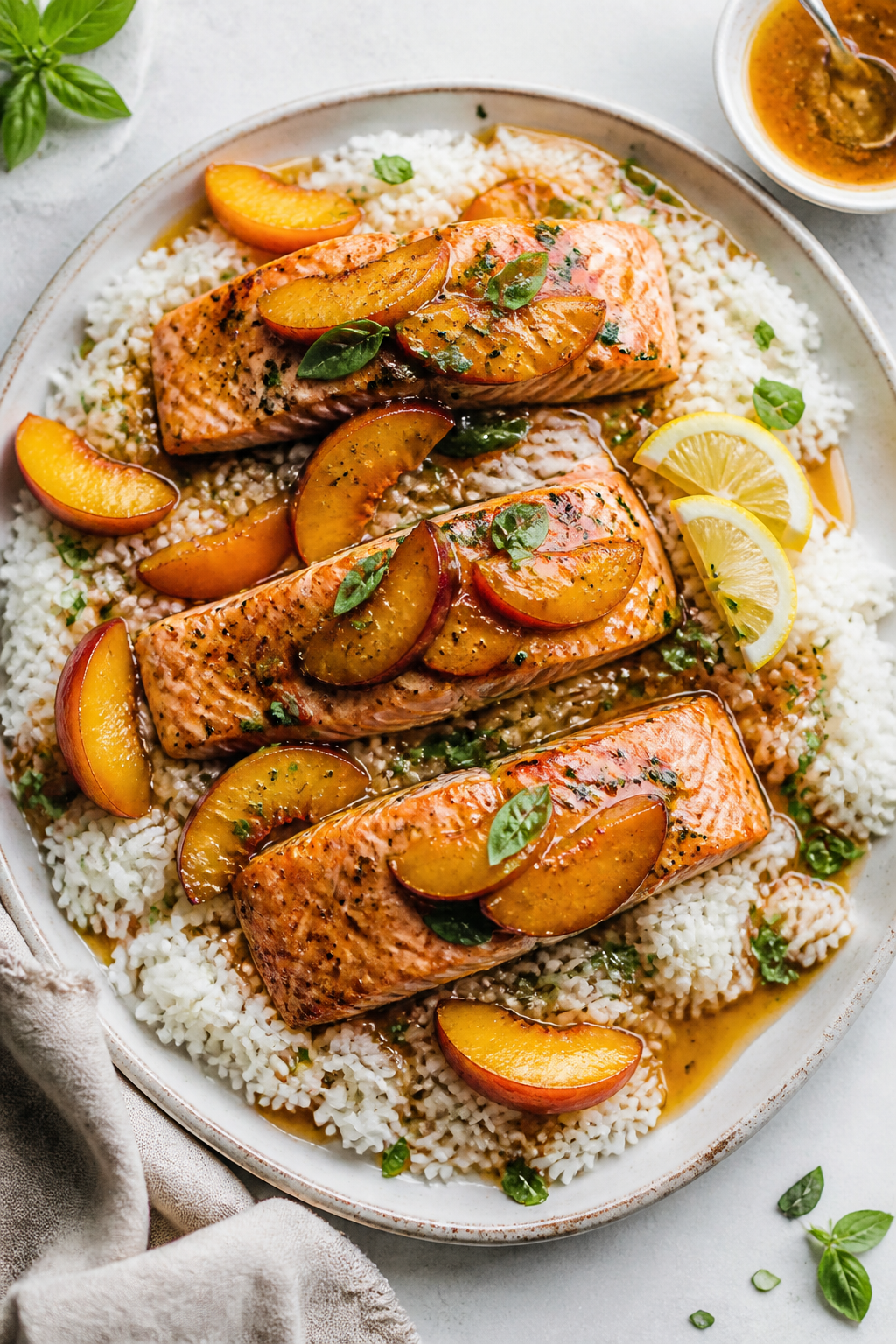 Tasty top view: Overhead shot of Peach Honey Salmon served family-style on a rimmed platter over flu
