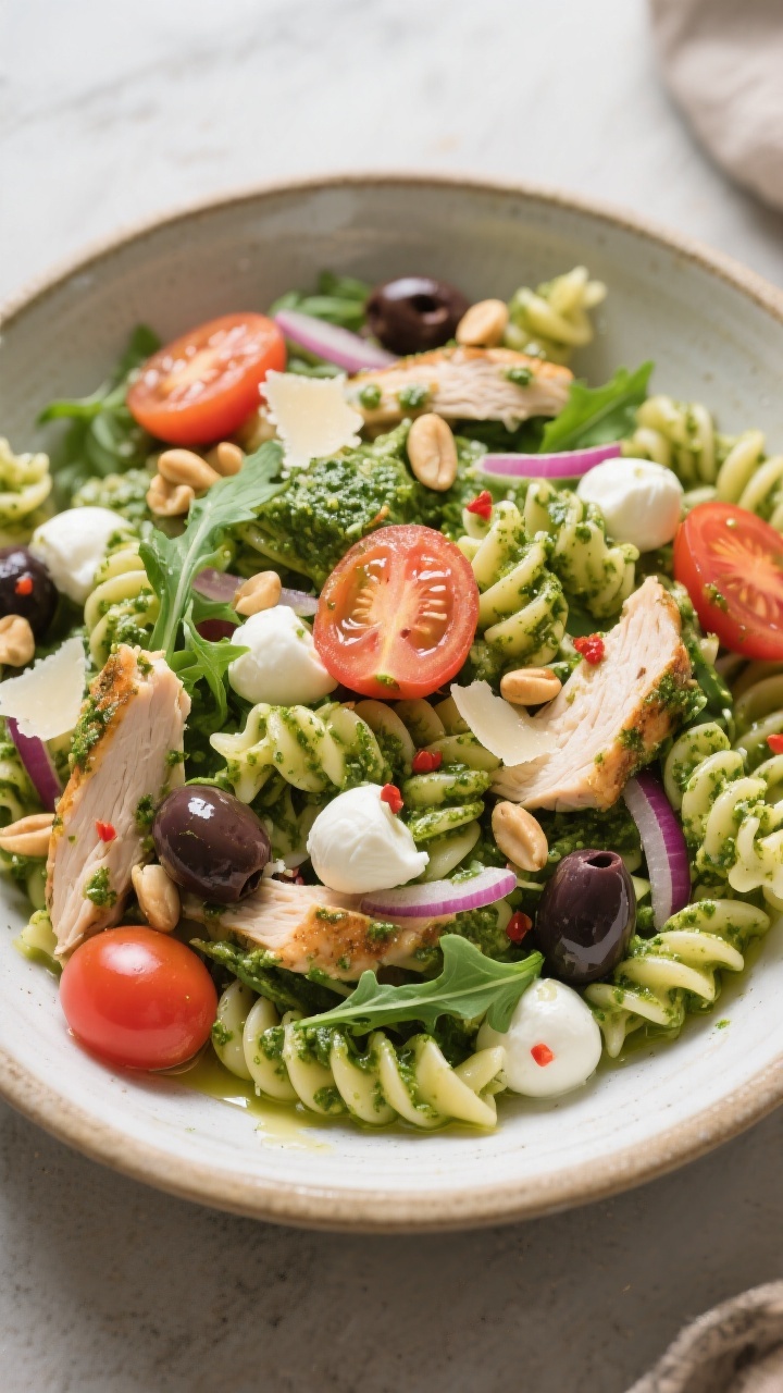 Tasty top view: Overhead shot of Pesto Chicken Mozzarella Pasta Salad in a wide, low ceramic serving
