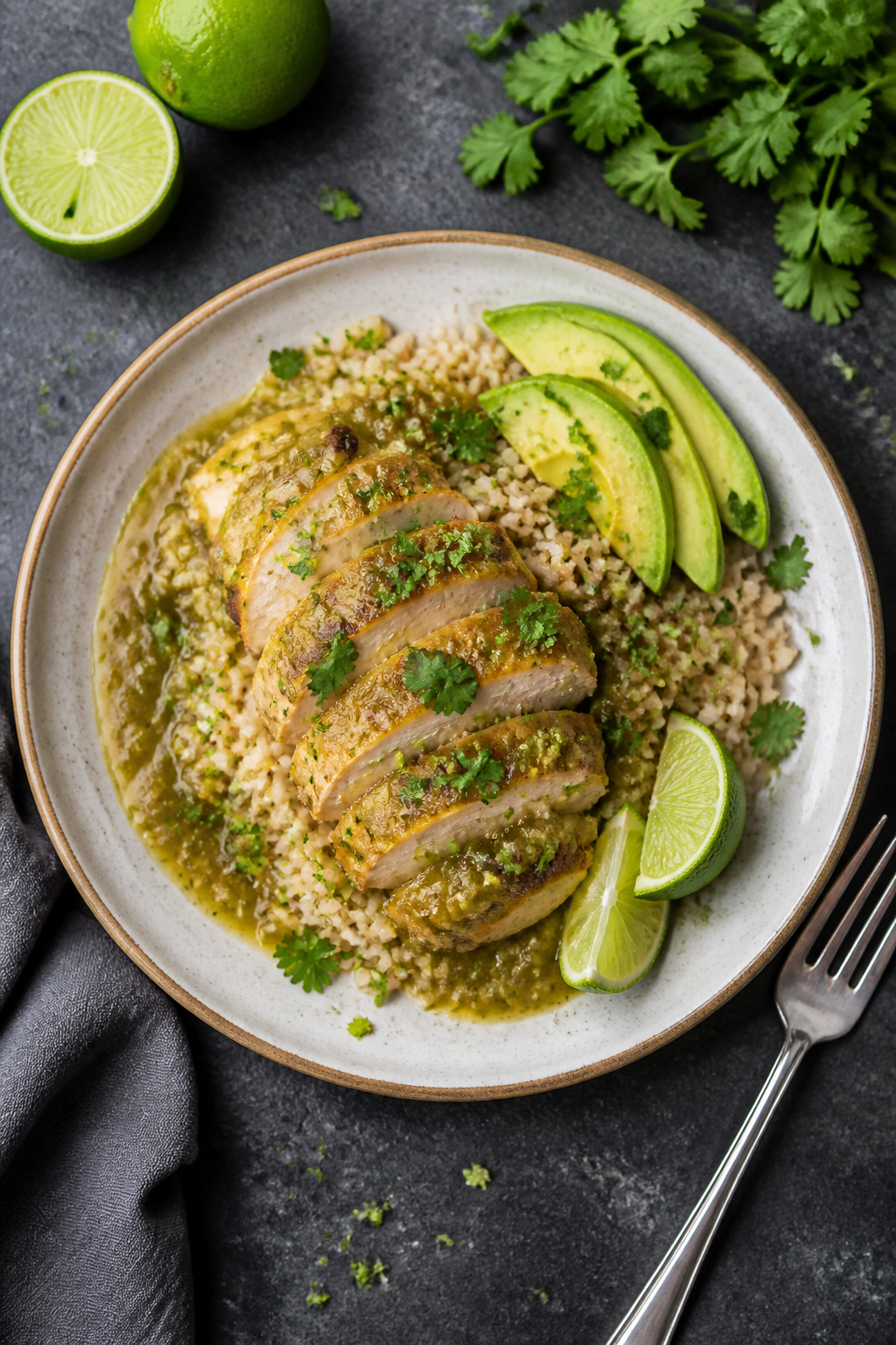 Tasty top view: Overhead shot of plated Healthy Salsa Verde Chicken Bake served over fluffy brown ri